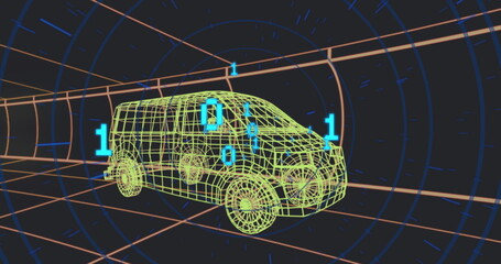 Floating wireframe van moving in digital tunnel, with orange gridlines, radar circles, binary code