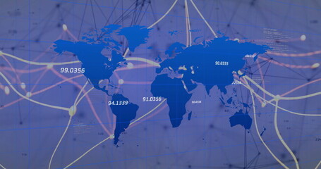 Displaying world map showing colored network lines and glowing nodes on dashboard, with data labels