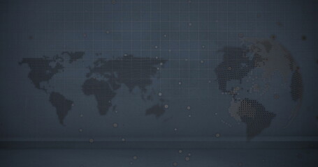 Displaying world map dotted and partial globe on blue interface, showing grid and data nodes