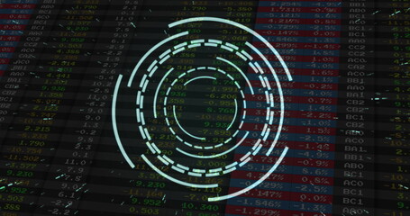 Displaying translucent circular HUD overlay on stock data grid, with scrolling alphanumeric tickers