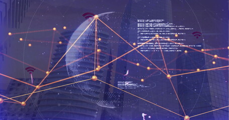 Wireframe globe pulsing with network nodes in urban skyline, with code text blocks and wifi icons
