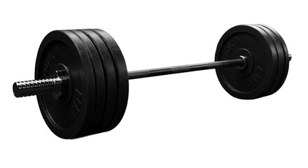 Low-angle, studio photo of a robust, dark steel barbell loaded with matte black weight plates and chrome collars on a dark gym mat, dramatic lighting. Concept of strength and determination