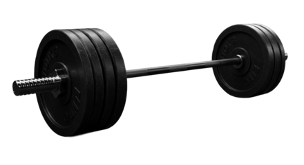 Low-angle, studio photo of a robust, dark steel barbell loaded with matte black weight plates and chrome collars on a dark gym mat, dramatic lighting. Concept of strength and determination