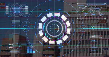 Displaying central holographic interface on facade, with grid lines, map, data windows, Play button