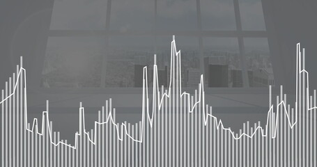 Displaying data visualization overlaying office window, with grey bar chart and white line graph