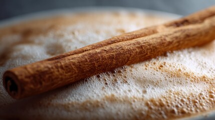 Close-up of a cinnamon stick resting on a bed of powdered sugar. the cinnamon stick is long and slender, with a pointed end and a smooth texture.