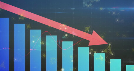 Displaying bold red downward arrow sloping over dashboard grid lines, bars, golden particle motifs