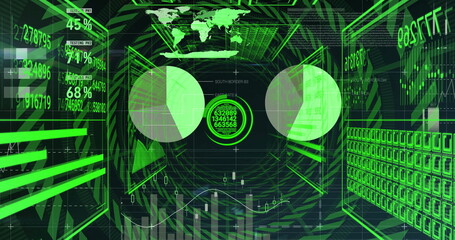 Displaying holographic control room interface with two pie charts, numeric hub and scrolling panels
