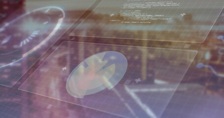 Displaying circular gauge icon and code panels on holographic interface with grid overlay