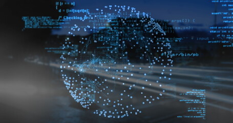 Glowing holographic globe floating in virtual interface, with code fragments and motion trails