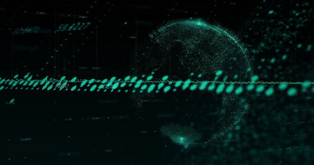 Streaming horizontal data stream merging into dotted globe on dark interface, numeric overlays