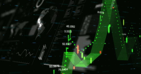 Displaying 3D green dotted line graph with candlestick bars on virtual dashboard, copy space