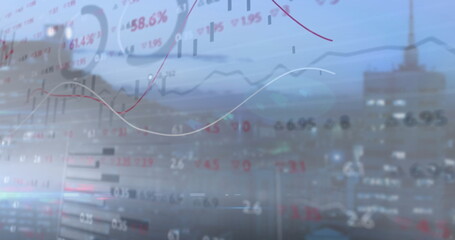 Displaying semi-transparent financial data overlay over city skyline, with red candlestick patterns