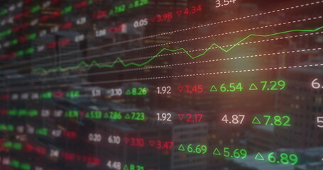 Displaying transparent ticker showing fluctuating stock data with arrows on dotted grid in office