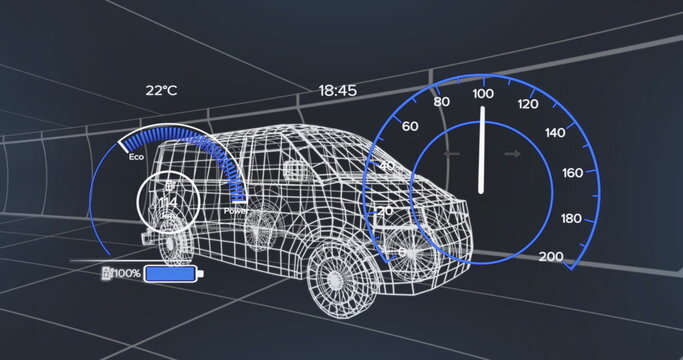 Displaying wireframe van model floating within virtual grid tunnel, with digital gauge overlays