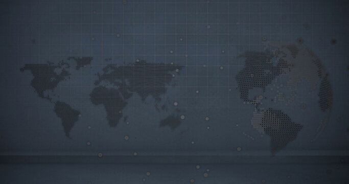 Displaying world map dotted and partial globe on blue interface, showing grid and data nodes - Powered by Adobe