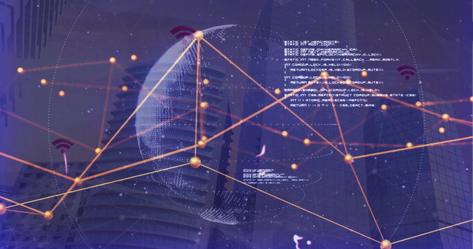 Wireframe globe pulsing with network nodes in urban skyline, with code text blocks and wifi icons
