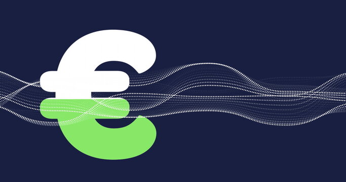Displaying Euro currency symbol split white or green on navy backdrop, with dotted waveform flowing - Powered by Adobe