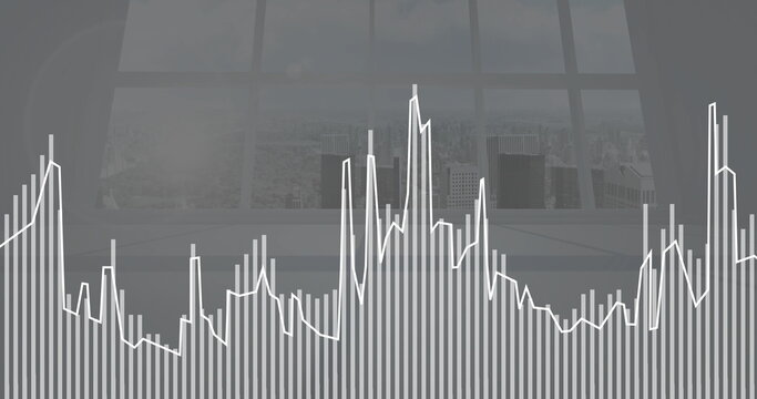 Displaying data visualization overlaying office window, with grey bar chart and white line graph