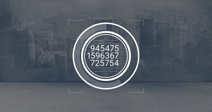 Showing HUD overlaying urban ground and skyline, with progress rings, crosshair, numeric readouts