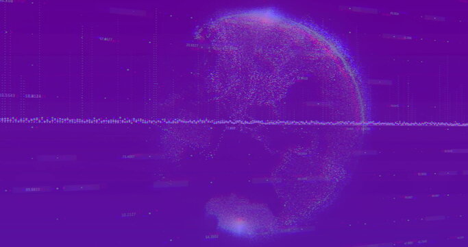 Naklejki Showing digital globe with glowing dots in interface with waveform line, numeric labels copy space