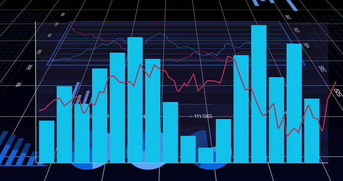 Displaying stylized data visualization on dark 3D grid, with cyan bars and red line overlay
