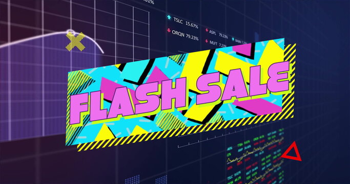 Floating FLASH SALE banner glowing over trading screen, with shapes, charts, tickers and arrows