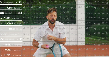 Kneeling adult male tennis player holding racket and ball on red clay court, with currency overlay