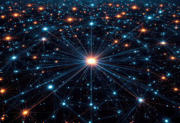 Obraz premium Abstract Network of Blue and Orange Connected Glowing Points on Transparent Background