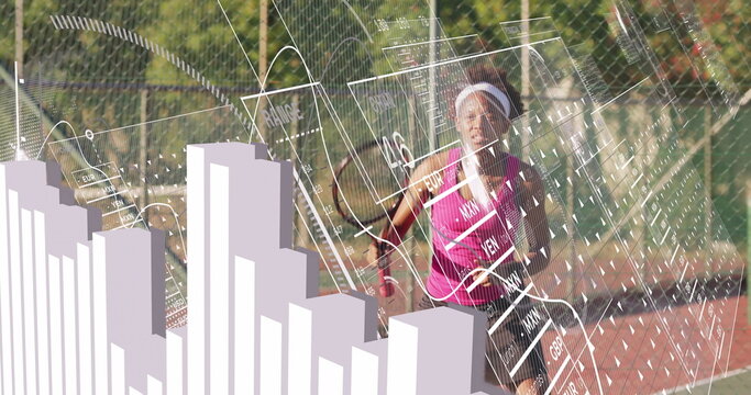Sprinting athlete wearing pink top, shorts, headband on track, with analytics overlays, copy space