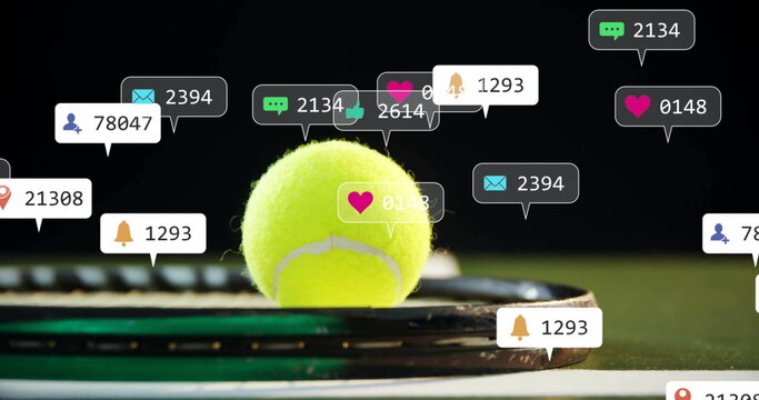 Balancing tennis ball on racket on tennis court, showing floating social media notification icons - Powered by Adobe