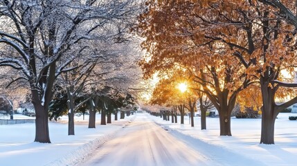 Fototapeta premium Beautiful Winter Morning Scene with Snowy Streets, Mature Trees, and Peaceful Atmosphere in Nature