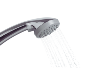 Modern silver handheld shower head spraying water isolated on transparent background