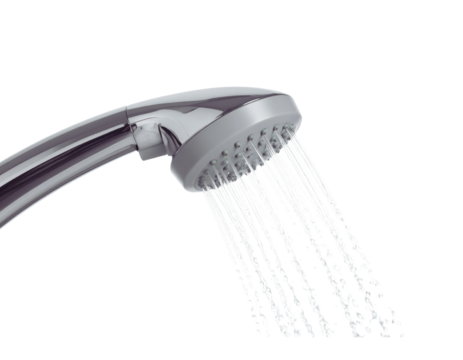 Modern silver handheld shower head spraying water isolated on transparent background