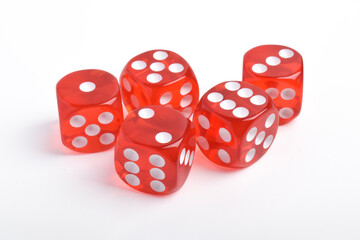 Red dice isolated on white background. Game cubes