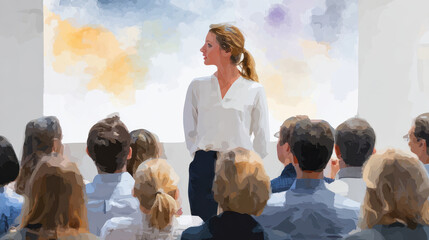 Fototapeta premium Woman giving presentation to audience conference room with colorful background, professional atmosphere, focused and engaged
