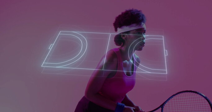 Posing tennis athlete wearing pink top holding racket in magenta studio with neon court overlay - Powered by Adobe