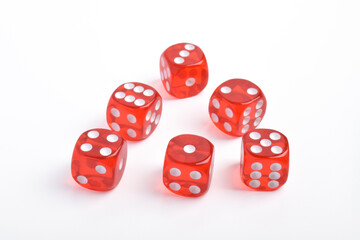 Many red dices isolated on white background