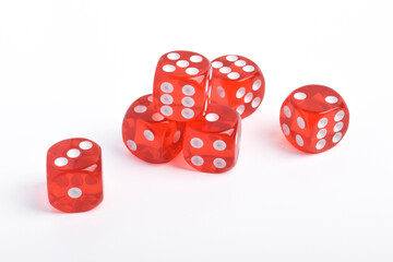 Many red dices isolated on white background