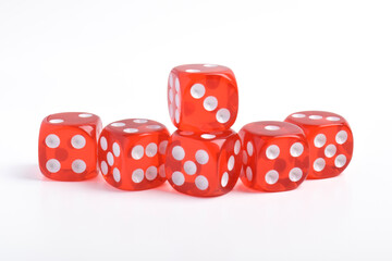 Many red dices isolated on white background