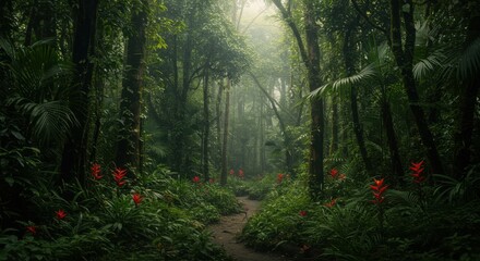Obraz premium Lush Green Rainforest Path With Red Flowers