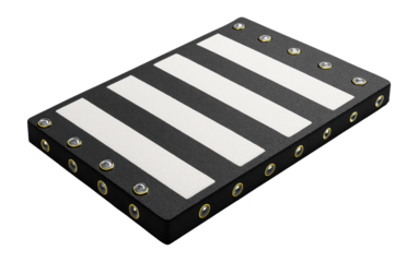 Pedestrian zebra crossing with wide white stripes and reflective studs