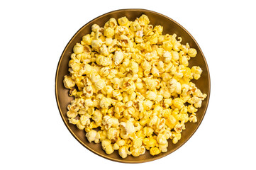 Fresh cheese and salty popcorn in a bowl isolated on white background
