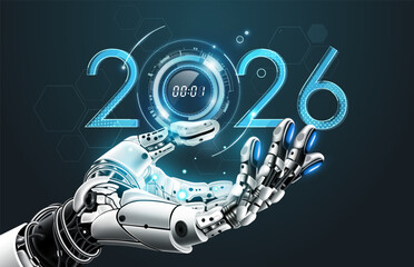 Happy New Year 2026 AI technology trends concept. Artificial Intelligence robot hand holding 2026 Number New Year technology, Can adjust digital number, vector illustration	
