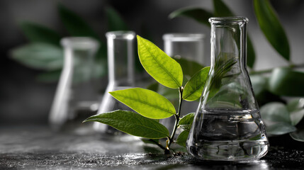 Green leaf with glass flask and water in laboratory setting showing natural science concept