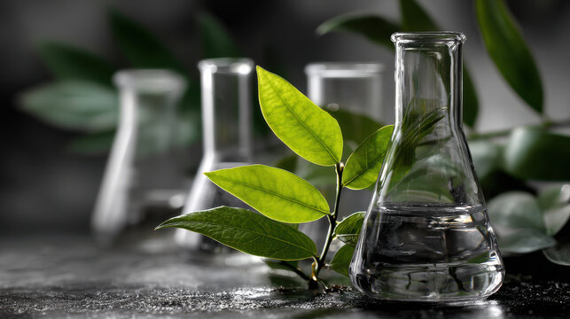 Green leaf with glass flask and water in laboratory setting showing natural science concept