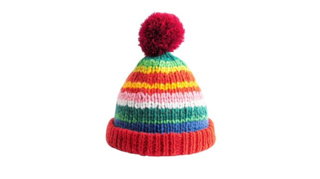 A bright, colorful knitted hat featuring a pom pom sits ready to provide warmth during winter activities outdoors
