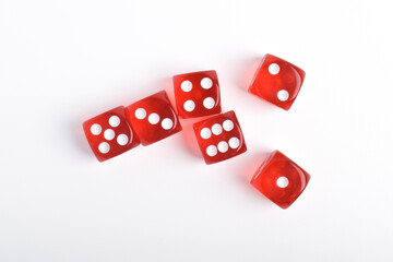 Red dices isolated on white background, top view