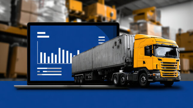 Logistics concept with yellow truck and cargo container in front of laptop showing data chart for transport
