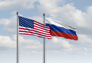 Fototapeta na wymiar US And Russia Meeting as diplomatic flag symbols for negotiations concept to negotiate a ceasefire or peace agreement or cease fire to mediate mediation and arbitration betweem Moscow and Kyiv.
